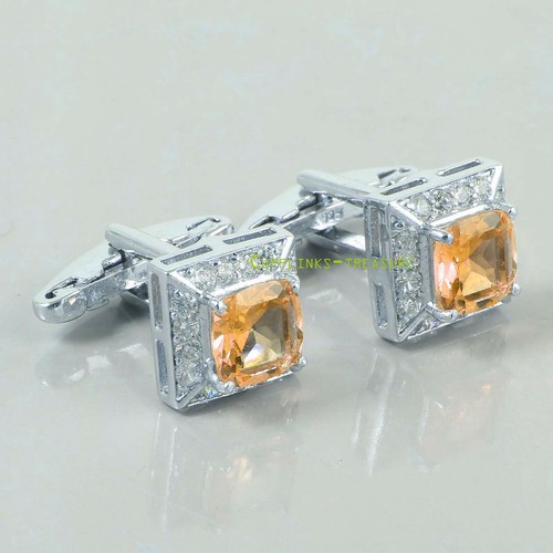Natural Citrine & CZ Gemstones with 925 Sterling Silver Cufflinks For Men's #21 - Picture 2 of 7