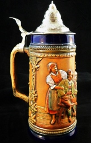 Piedra de cerveza alemana vintage original Gerzit Gerz con tapas de peltre 1 litro #42 hecha a mano - Imagen 2 de 6