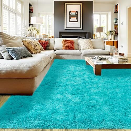Super Soft Fluffy Rug for Living Room Bedroom, Large Comfy 8x10 Feet Teal Blue - Bild 1 von 7