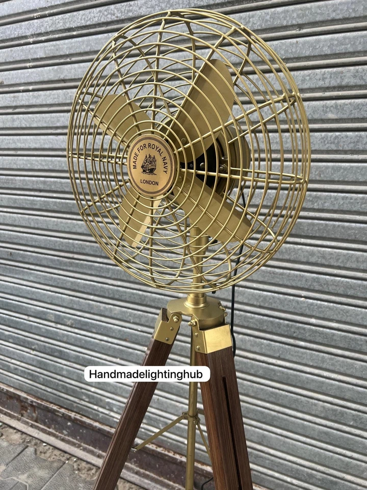Ventilador de piso con pedestal náutico - Trípode de madera industrial retro estilo Royal Navy marrón Foto 3 de 4