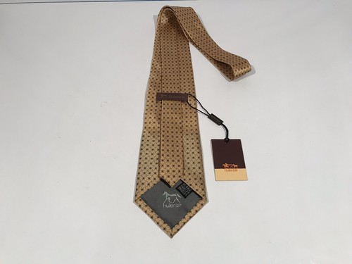 Hulenbir Men’s Dress Tie NWT 100% SILK Gold w/Navy Rectangle Geometric Lines - Picture 3 of 10