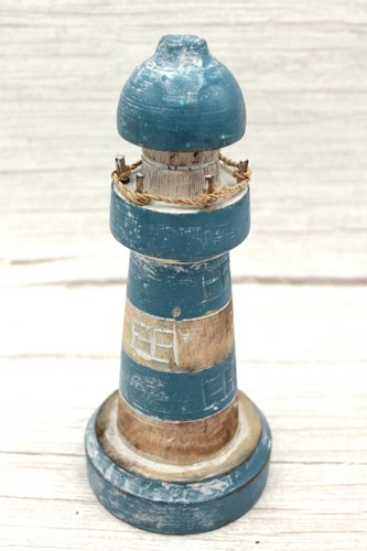 Leuchtturm 20 cm Holz Handarbeit Antik Blau-Beige - Bild 1 von 4
