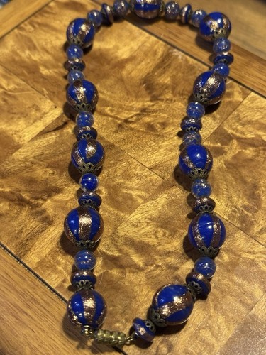 Vintage Venetian Blue & Gold Murano Foil Art Glass Bead Glass Necklace 16” ~ C59 - Picture 4 of 15