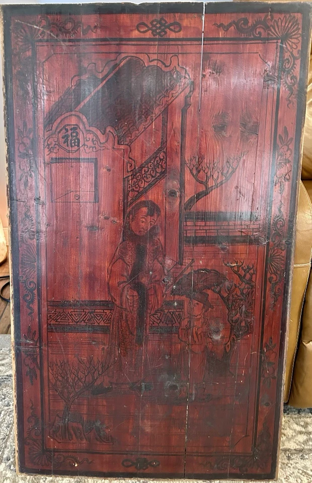 "4 pinturas chinas de la década de 1850 sobre paneles de madera 38""x22"" escenas de género sin enmarcar como están" Foto 2 de 4