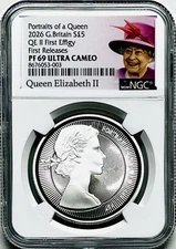 2026 GB 5PD 1OZ SILVER PROOF NGC PF69 QEII PORTRAITS OF A QUEEN 1ST EFFIGY POP-7