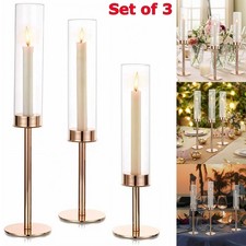 Set of 3 Clear Glass Candle Holder Cylinder Hurricane Pillar with Metal Base US