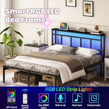 14 Inch Full Bed Frame with Storage Headboard, USB, Type-C and LED Light, Black