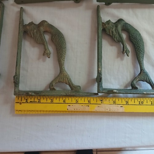 Lote de 9 Soportes De Estante Sirena De Hierro Fundido De Colección Ménsulas Petina De Oro Verde - Imagen 7 de 10