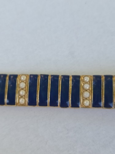 Vintage Ciner Blue Enamel Faux Pearl Goldtone 7 Inch Bracelet - Picture 4 of 8
