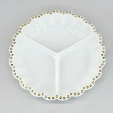 Vintage Milk Glass Round Divided Relish Scalloped Gold Trim Serving Dish