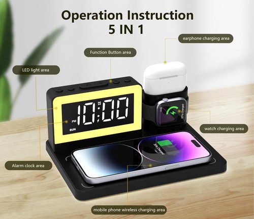 5 in 1 Bedside Wireless Charging Station with Alarm Clock and 7 Color Night L... - Photo 2 sur 9