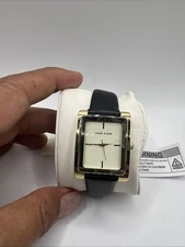 Brand New ANNE KLEIN AK 2706 CH BK Rectangular Sleek Gold Tone Watch Black Band!