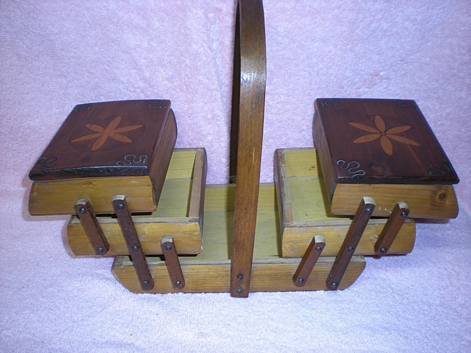 Caja de costura estilo acordeón plegable de madera vintage 3 niveles plegable cofre MCM Foto 3 de 4