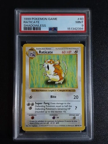 Pokémon Raticate Shadowless PSA 9 Base Set 40/102 Vintage 1999 WOTC