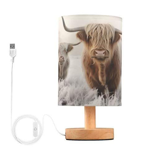 Cool Highland Cow Bedside Table Lamp - USB Small Nightstand Lamp, Wood Base - Picture 2 of 8