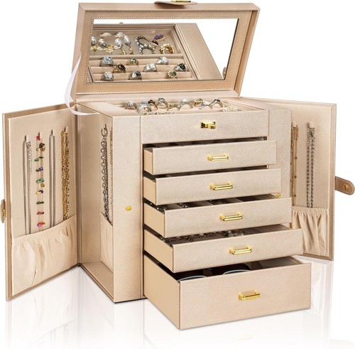 Champagne Faux Leather Jewelry Case, 6 Layers, 28 Compartments, Built-in Mirror - Picture 3 of 10