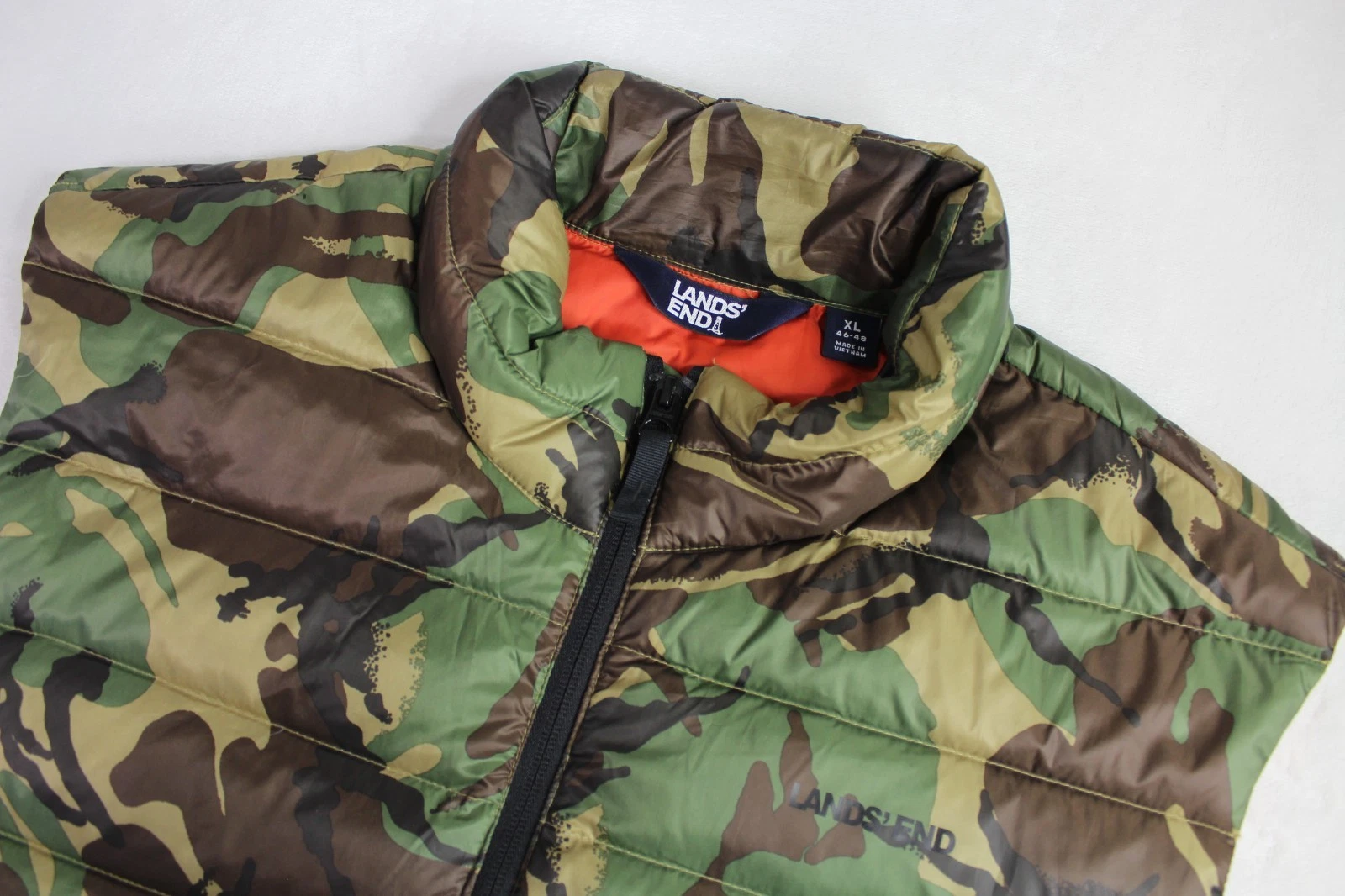Mens XL X-Large Lands End Camo Full Zip Up Down Feather Vest Outdoor Hunting