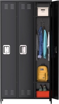 72in Metal Storage Locker 3 Door Steel Cabinet Black w/ Shelves Hooks Black
