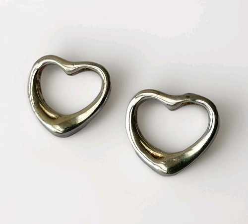 Heart Stud Earrings 925 Silver Modernist Puffy Open - Picture 1 of 9