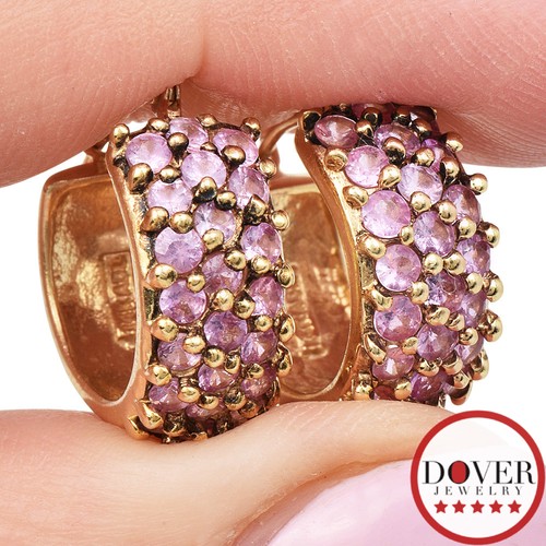 Estate 2.20ct Pink Sapphire 14K Gold Multi Row Huggie Hoop Earrings 5.1 gr NR - Picture 5 of 7