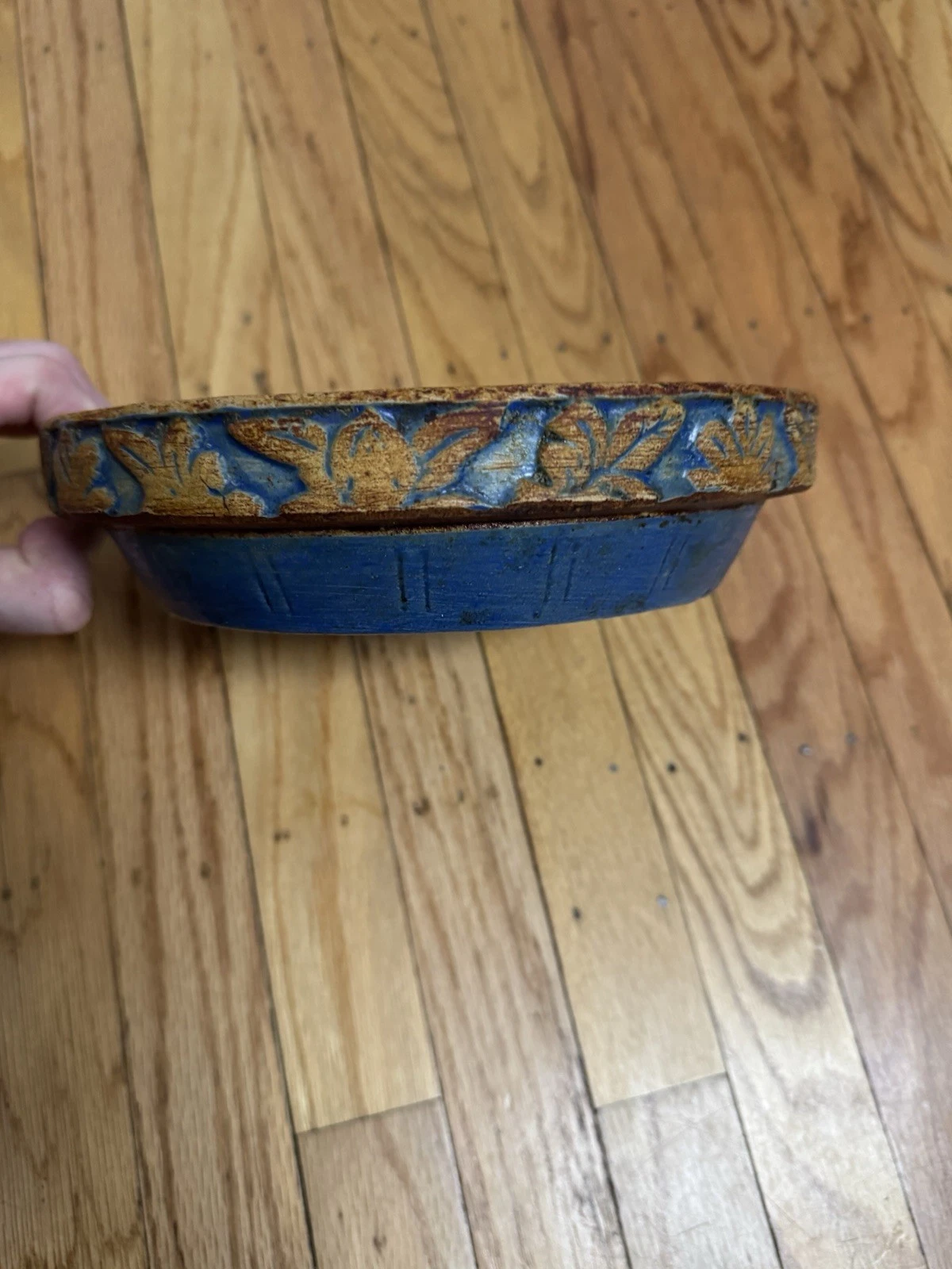 VTG Antique 8” Blue Leaf Clay City Pottery Pie Plate Dish Stoneware Indiana USA