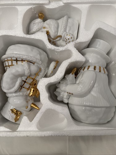 Muñeco de nieve de porcelana vintage Traditions de 3 piezas con borde de oro blanco con caja - Imagen 2 de 9