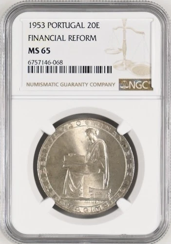 PORTUGAL 20 Escudos 1953 Silver NGC MS65 Financial Reform 25th Anniversary