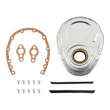 Timing Chain Cover Kit with Gasket and Bolts Compatible with SBC 283 327 Silver