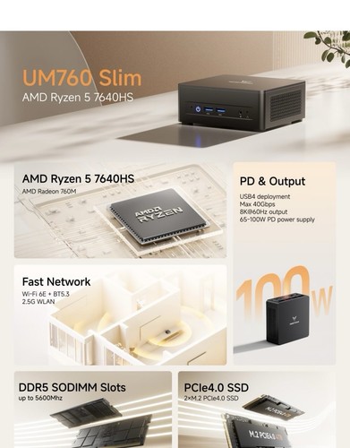 MINISFORUM UM760 Slim Mini PC, AMD Ryzen 5 7640HS Processor, 16GB RAM + 1TBSSD - Picture 6 of 11