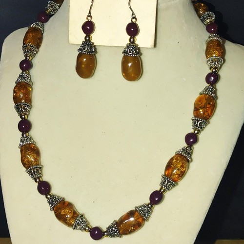 Conjunto de aretes de palanca de collar de cuentas de dos tonos imitación granate ámbar de 18 pulgadas - Imagen 3 de 12