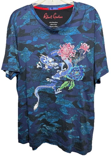 Robert Graham T-Shirt Herren 2XL Blau Drache Blumen Grafik Baumwolle Freizeit Tee