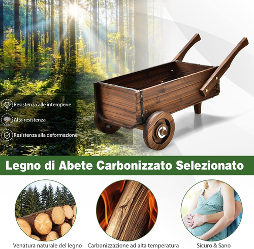 Fioriera Da Esterno in Legno a Forma Di Carrello, Carriola Portafiori Con Ruote, - Foto 3 di 8