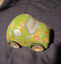Vtg 1960 era Toy VW Beetle Tin Car Green with Flowers and Peace Signs