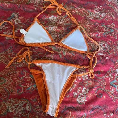 M Orange Velour Velvet String Triangle Bikini Set Adjustable Bottoms Plush Soft - Picture 9 of 10