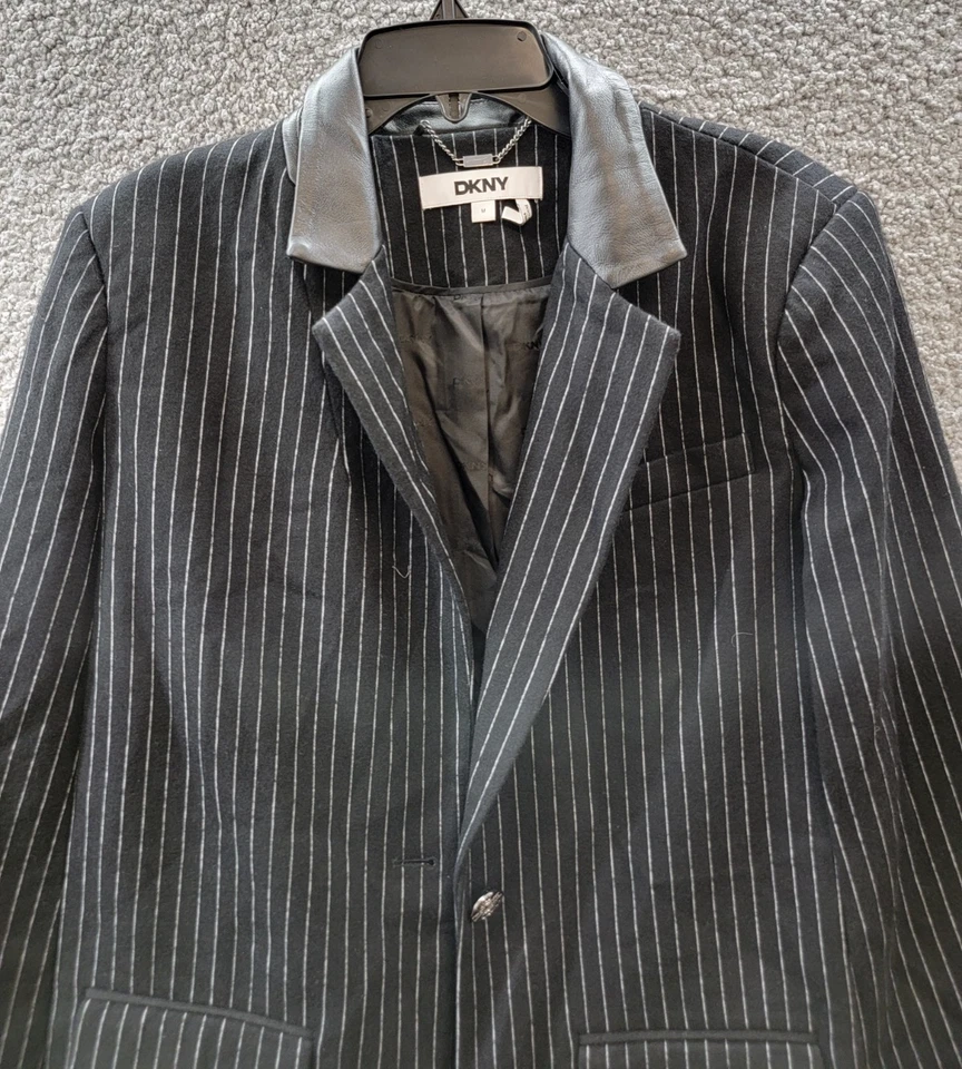 Dkny в тонкую полоску плащ куртка женский размер средний черный и белый кнопка спереди - Изображение 3 из 4