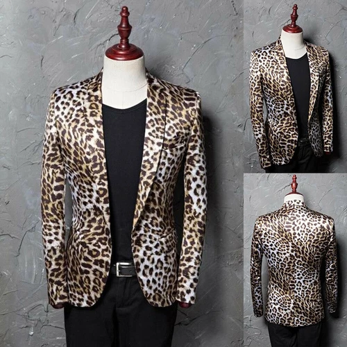 Mens Leopard Printed Bar Singer Clubwear Jackets Party Notch Lapel Blazer Coats - Picture 1 of 6