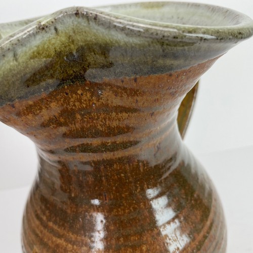 Pottery Glazed Pitcher Stoneware Brown Exterior Gray Interior Signed Vintage - Foto 14 di 14