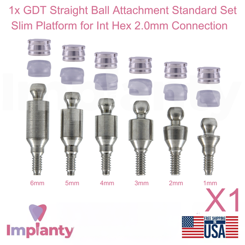 1x Dental Straight Ball Attachment Standard Set Slim Platform Int Hex 2.0mm - 第 1/9 張圖片