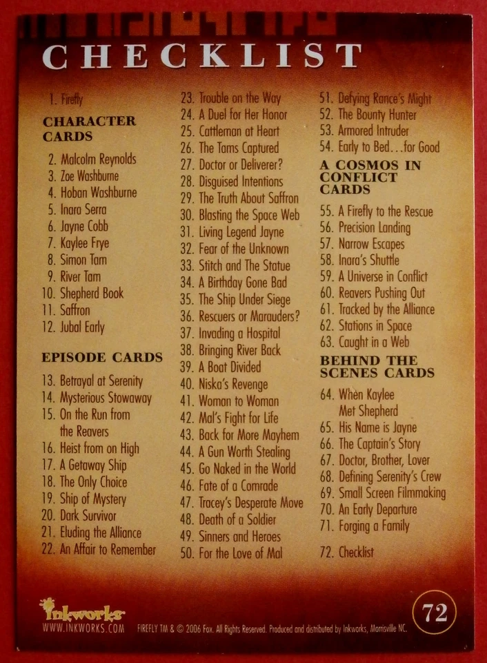 Joss Whedon's FIREFLY - Card #72 - Checklist - Inkworks 2006 - Image 2 of 2