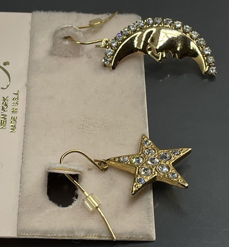 Kirks Folly Earrings Pierced Crescent Moon Star Gold Tone Metal Rhinestones - Picture 2 of 4