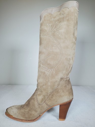 Vintage Dingo Suede Gold Toe Stacked Heel Western Boots Beige Women US 8.5 New - Picture 3 of 17
