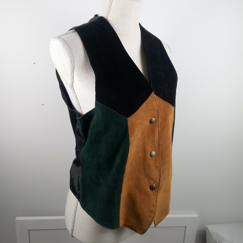 Voyageur 90s Leather Patchwork Vest Medium Green Gold Black Ties In Back Vintage - Picture 2 of 14