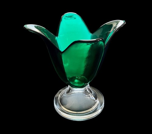 Vintage Studio Nova Green Art Glass Tulip Vase w/Clear Base Candy Dish 7” - Picture 2 of 5