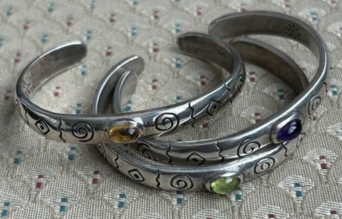 SET: THREE 3 HEAVY STERLING SILVER CUFF BRACELETS-ETCHING-STONES-SMALL WRIST