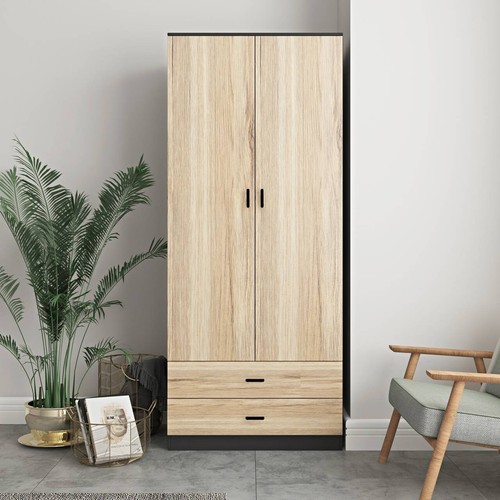 Tall Wooden 2 Door Wardrobe With 2 Drawers Bedroom Storage Hanging Bar Clothes - Picture 41 of 161