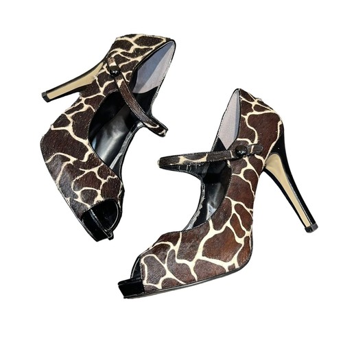 Nine West Luminous Calf Leather Faux Fur Giraffe Print Peep Toe Stilettos 9.5M - Picture 11 of 12