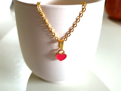 💓Sweet Pink Enamel Heart Charm Pendant Gold Plated Necklace💓 - Picture 7 of 8