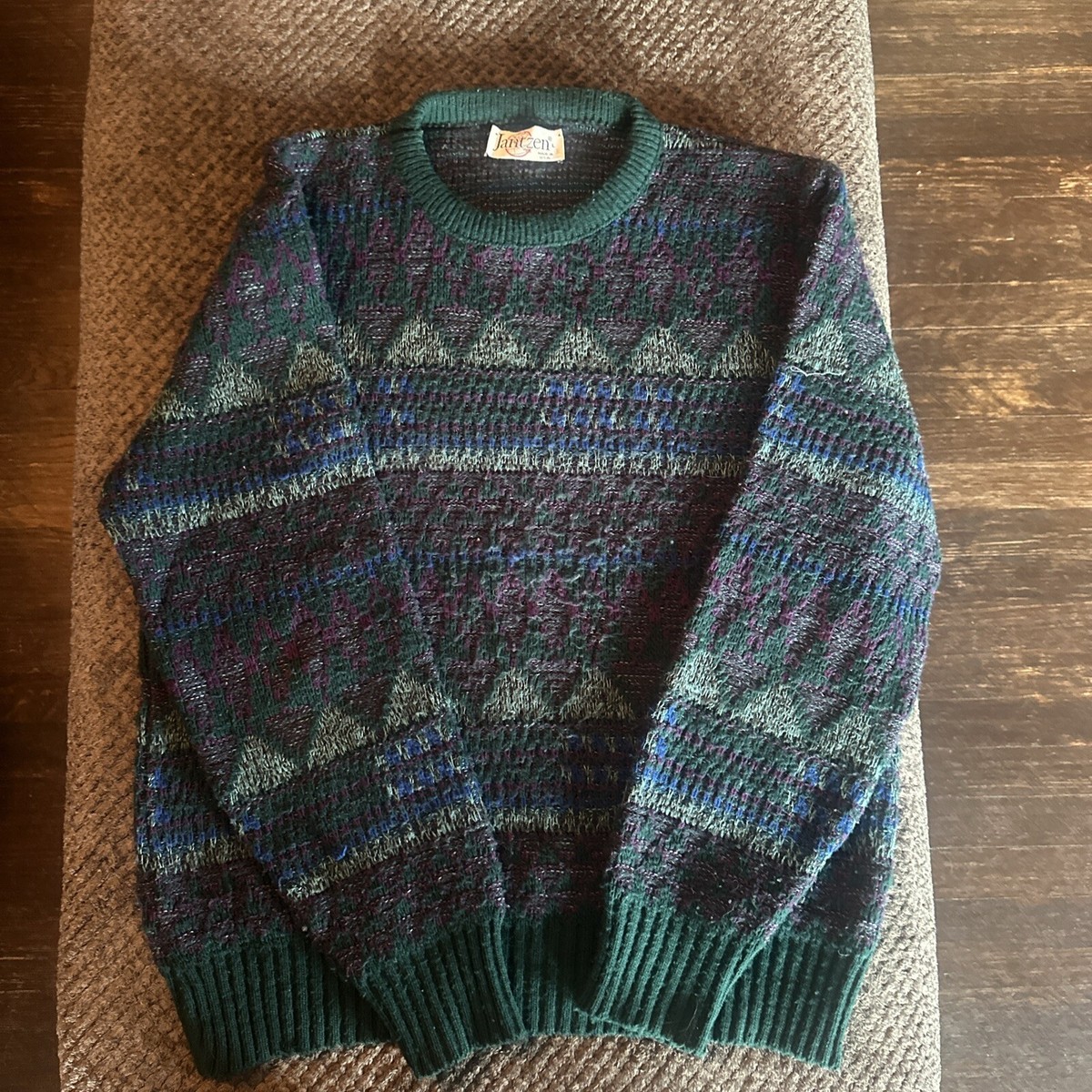 VINTAGE Jantzen Mens Large Green Blue Purple Knitted Grandad