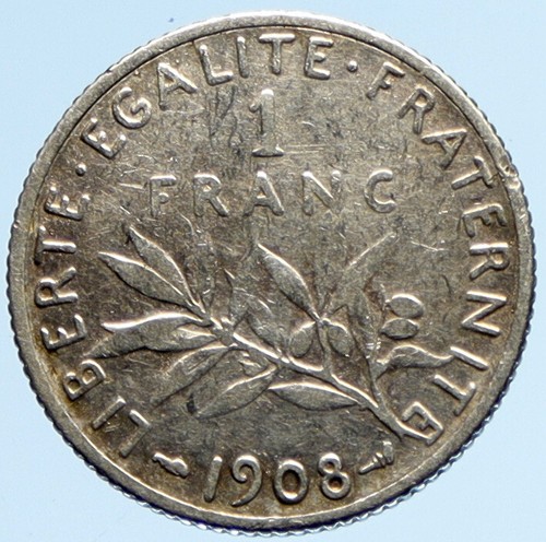 1908 FRANCE La Semeuse Sower Woman ANTIQUE OLD Silver 1 Franc French Coin i97092 - Picture 2 of 3