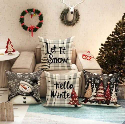 Set of 4 Christmas Winter Snowman Pillow Covers Snowflake Holiday Home Decor 18" - Picture 4 of 10